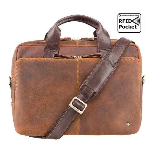 Hugo - 13" Leather Laptop Briefcase- Havana Tan - Laptopbags.co.uk