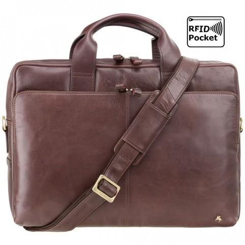 Hugo - 15" Leather Laptop Briefcase- Merlin Brown - Laptopbags.co.uk